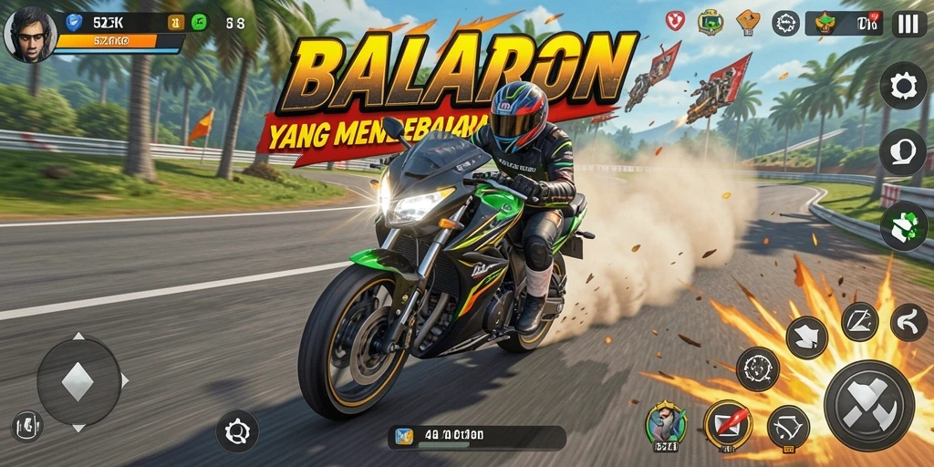 Tampilan gameplay balapan motor di 5ZK yang mendebarkan.