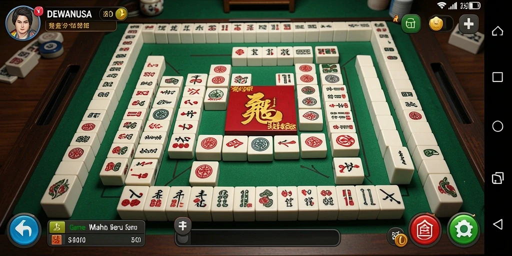 Tampilan gameplay menarik dari DEWANUSA dengan ubin Mahjong berwarna-warni.