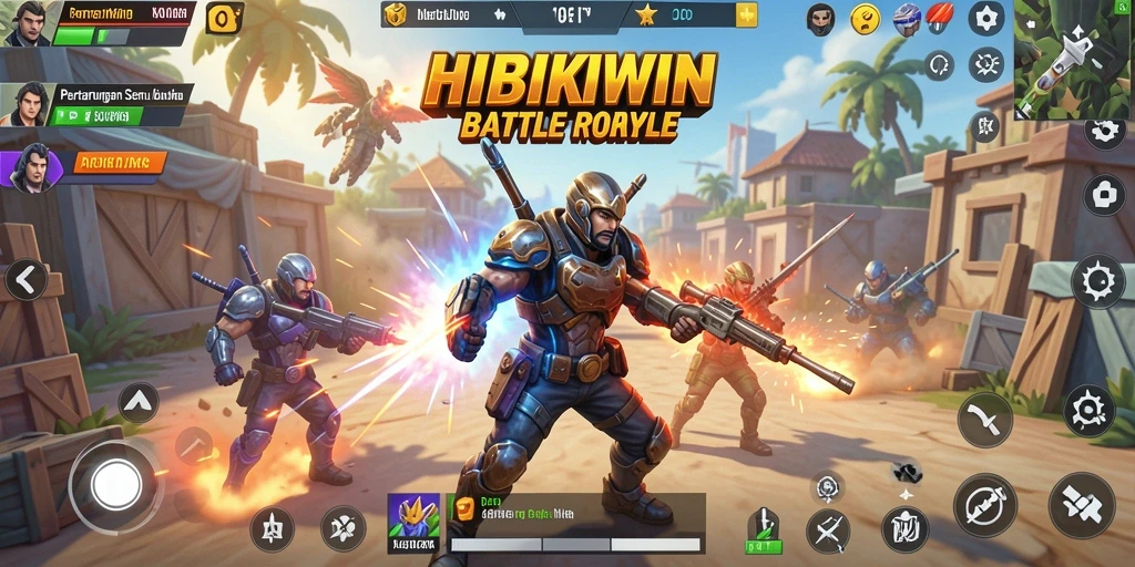 Screenshot gameplay HIBIKIWIN yang menampilkan pertempuran mendebarkan di arena Battle Royale.