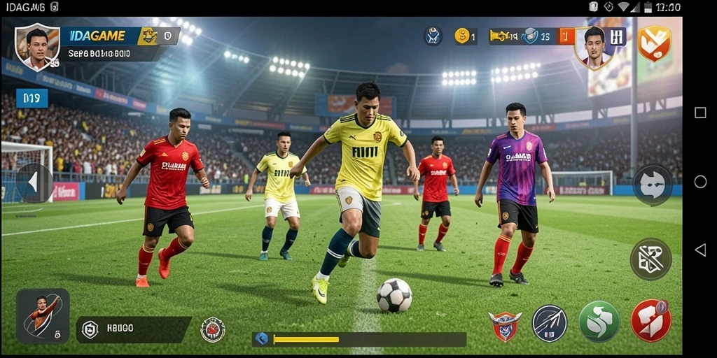 Screenshot gameplay IDAGAME menunjukkan aksi seru dalam pertandingan sepak bola.