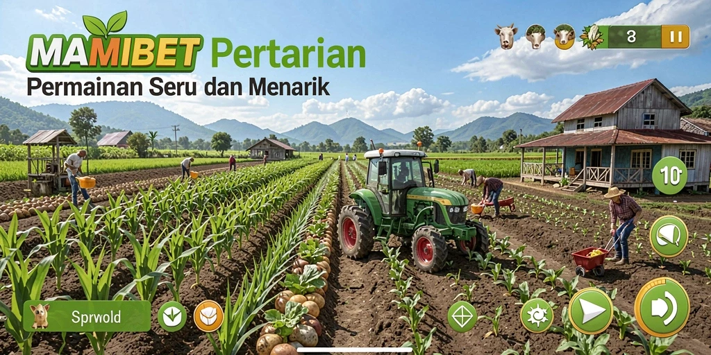 Tangkapan layar utama MAMIBET menampilkan aktivitas bertani yang seru.