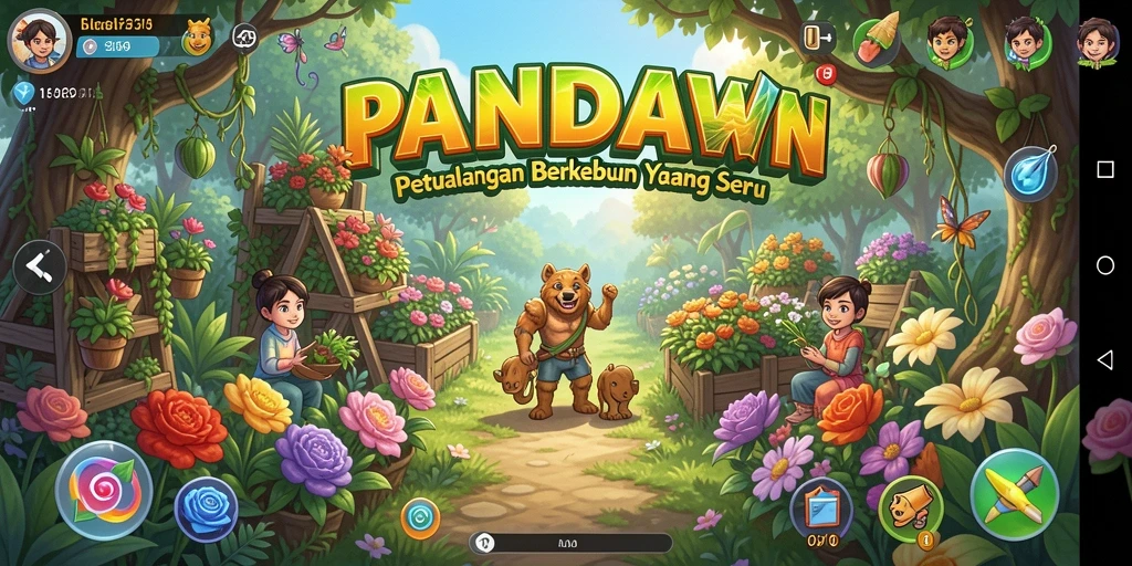 Tangkapan layar utama PANDAWIN menunjukkan keseruan dalam berkebun dan mengelola ladang.