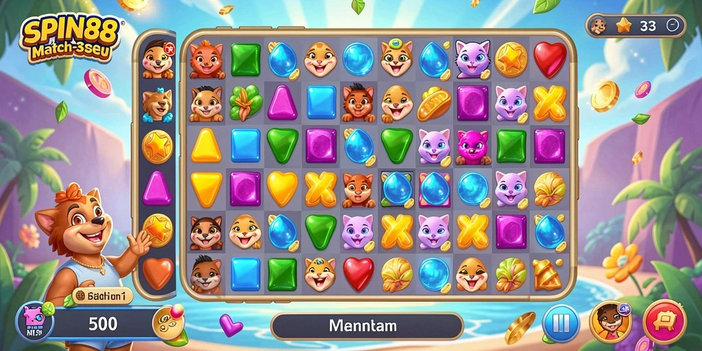 Gameplay SPIN88 menampilkan kombinasi warna cerah dan tantangan Match-3.