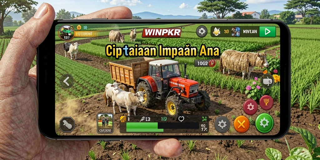 Tampilan gameplay WINPKR dengan ladang yang subur dan sejahtera.