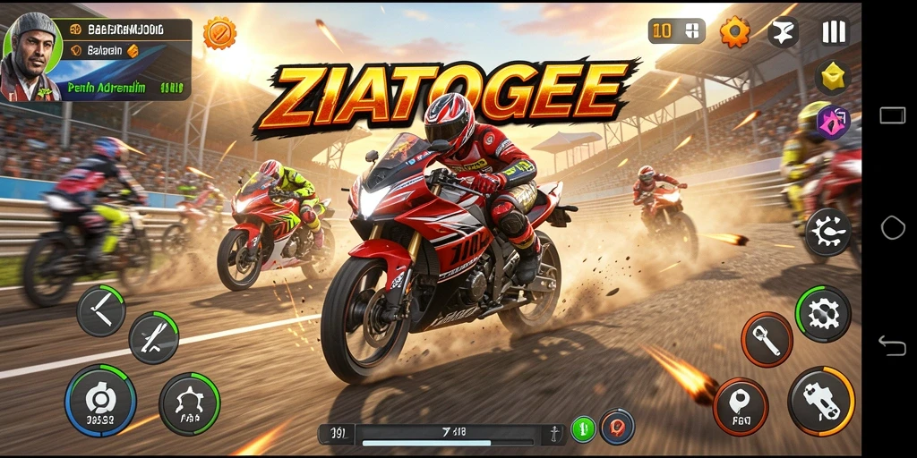 Tangkapan layar gameplay ZIATOGEL yang menampilkan balapan motor yang seru.